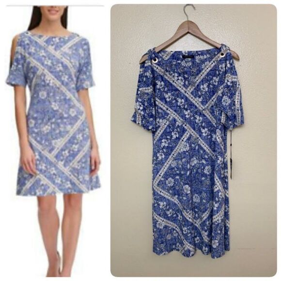 TOMMY HILFIGER DENIM-FLORAL GROMMET JERSEY DRESS SIZE 10 BLUE COLD SHOULDER - Picture 1 of 7